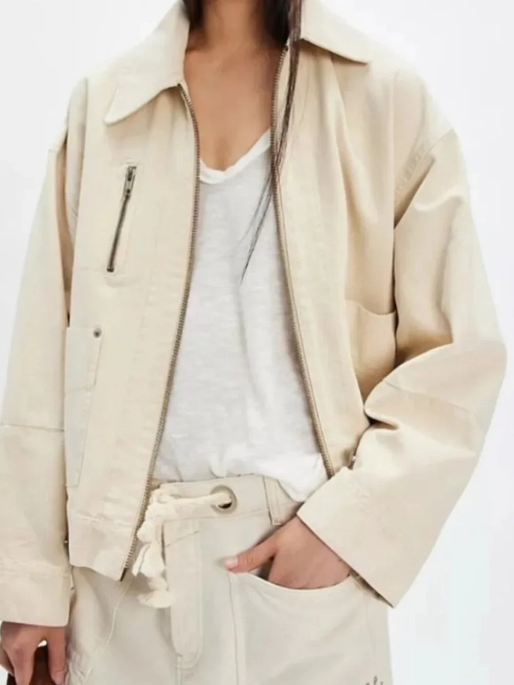 Free People Sally Ivory Canvas Jacket Small Utility Workwear Oversized NWOT